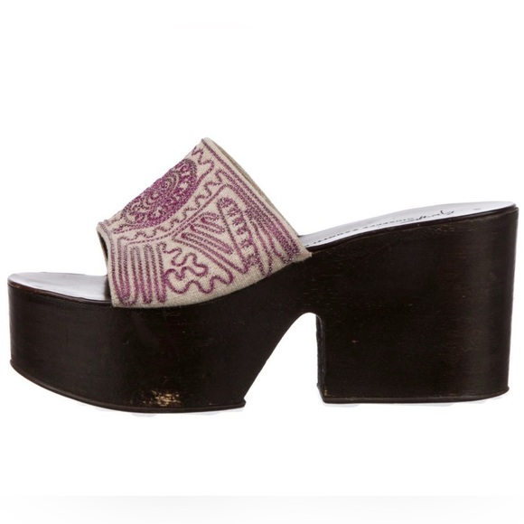 Giuseppe Zanotti Beige Canvas Embroidered Chunky Platform Sandal Slides Sz 37.5 - Picture 1 of 12